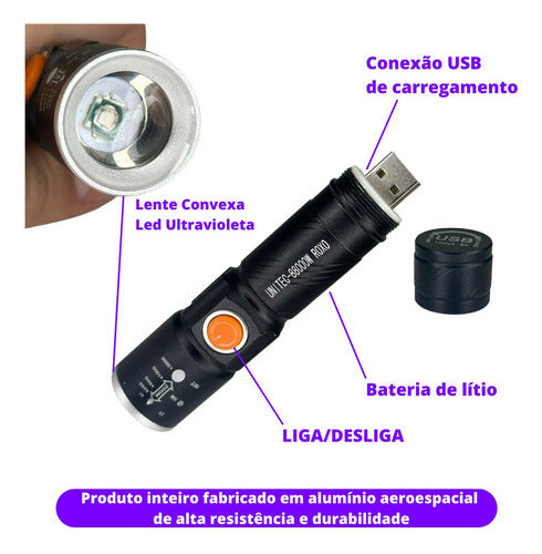 Lanterna Profissional com Luz Negra UV Ultra Violeta Super Potente 2.950.000 Lumens Bateria Recarregável